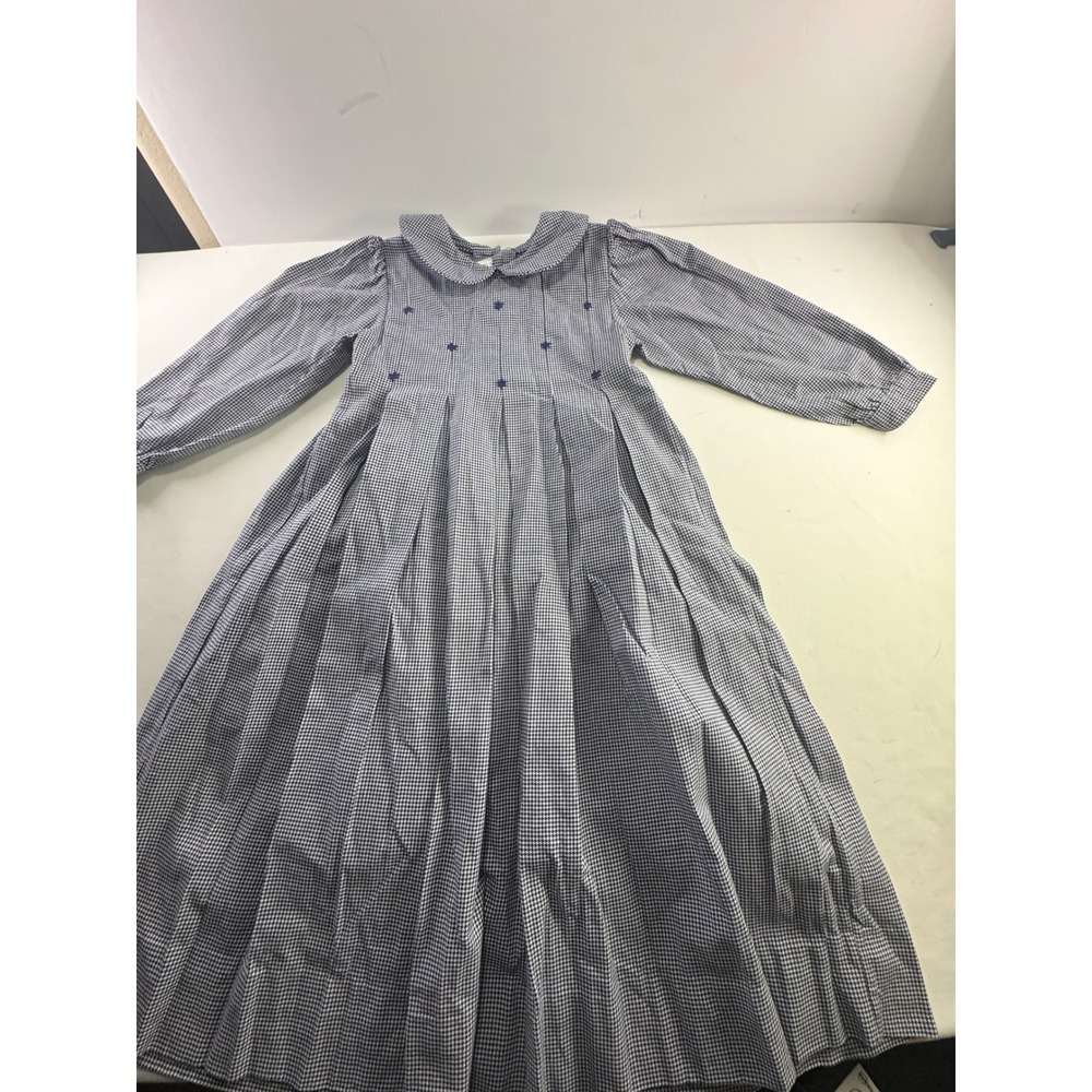 Strasburg Children Blue Houndstooth Embroidered Dress Peter Pan Collar 7Y